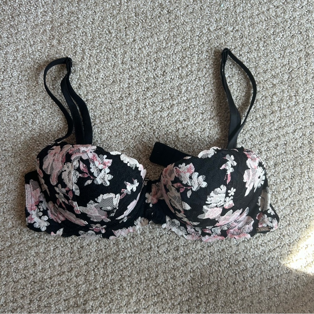 Black and Pink Floral Balconette Push-up Bra